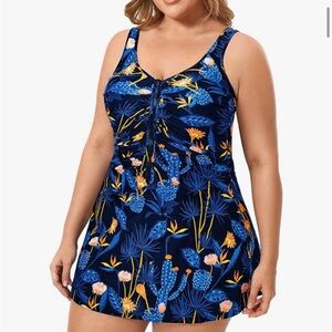 Floral Blue Plus Size Swim Dress